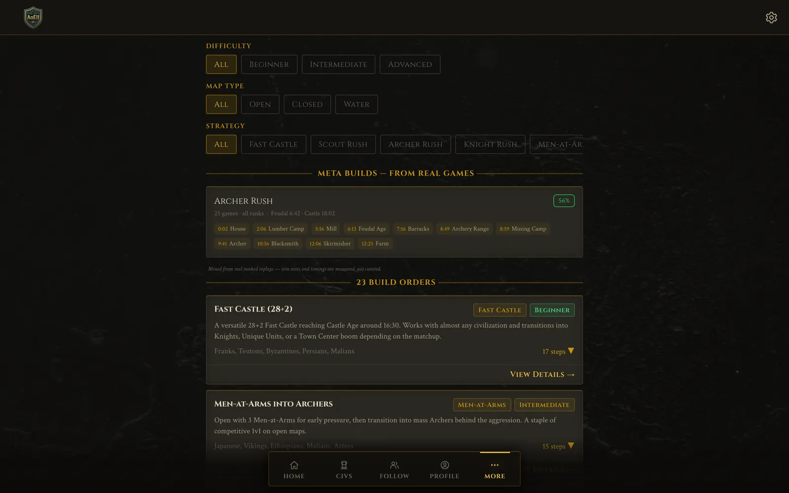 The build order browser with difficulty and map filters